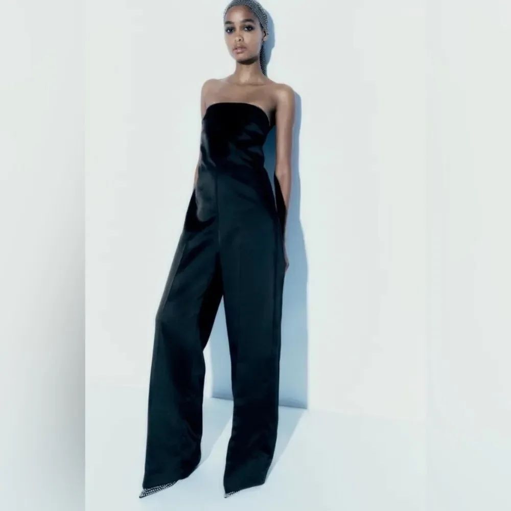 Zara Black Rhinestone Satin Jumpsuit Size Small